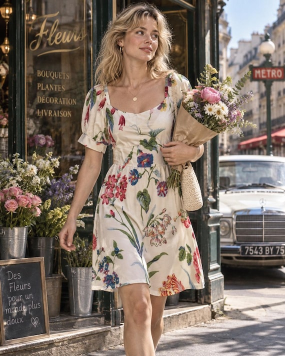 Garden Party Midi Dress, Vintage Floral V-Neck Wedding Guest Dress