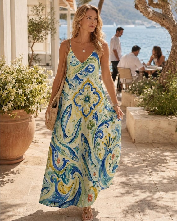 Mediterranean Sardine Maxi Dress, Italian Tile Print, Coastal Vacation Sundress