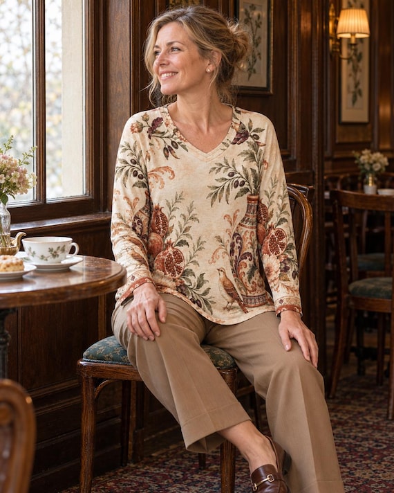 Vintage Botanical V-Neck Long Sleeve Blouse, Cream Antique Floral Print