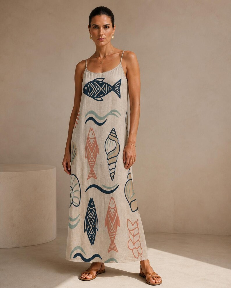May include: A floor-length beige sleeveless dress with thin spaghetti straps, featuring a repeating pattern of dark blue fish, peach-colored fish, and various seashells, along with wavy lines in muted blue and green tones printed on the fabric.