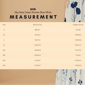 以下が含まれることがあります： 青と白のスリップマキシドレスの画像。ドレスは「ZAYN」ブランドで、Sから5XLまでのサイズについて、バストと着丈の測定値をcmとインチで表示しています。ドレスは花柄です。