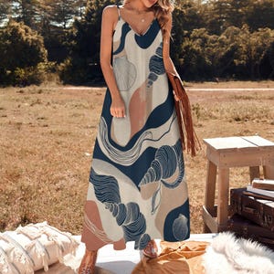 Seashell Print Maxi Dress, Cream Navy Spaghetti Strap Coastal Resort Wear 画像 7