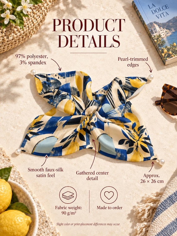 Amalfi Lemon Tile Bow Scrunchie, Satin Hair Scarf, Italian Summer Accessory