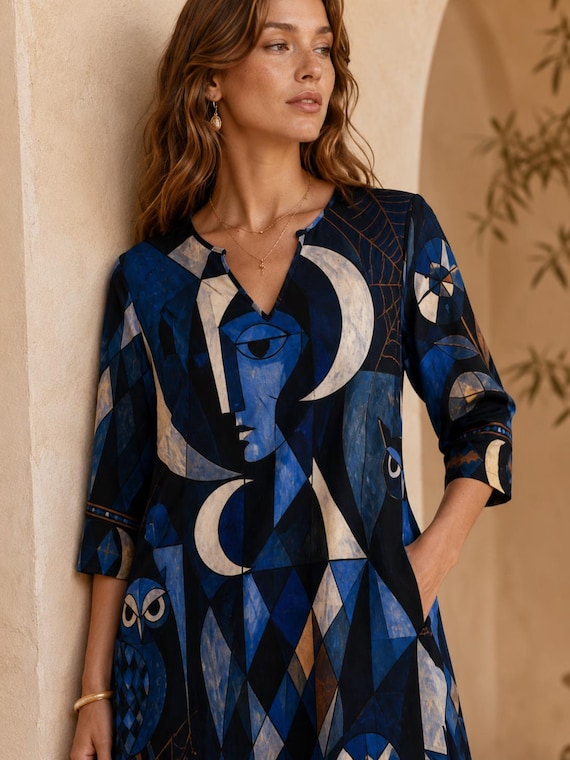 Celestial Evil Eye Shift Dress, Moon Geometric V-Neck 3/4 Sleeve Witchy Dress