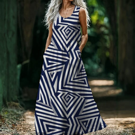 Architectural Flow Monochrome Maxi Dress, Geometric Navy-White, Quiet Luxury by ZAYN