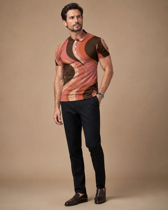 Retro Geometric Men's Polo Shirt, 70s Inspired Resort Style