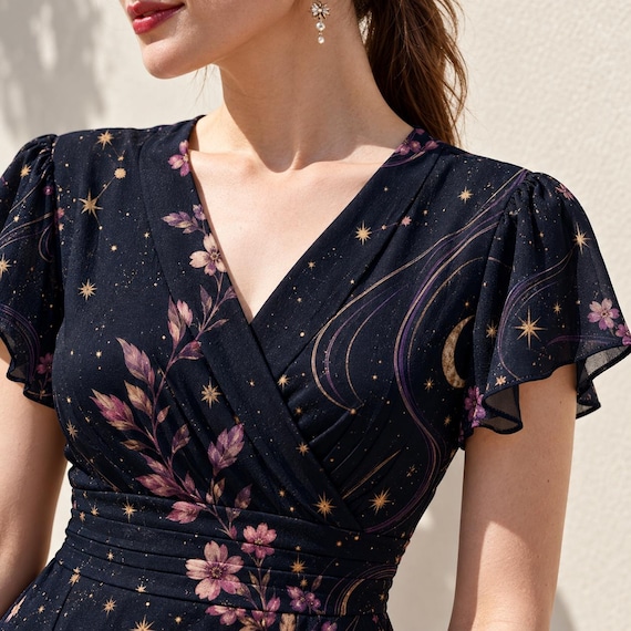 Celestial Floral Midi Dress, Midnight Star and Botanical Print, V Neck Flutter Sleeves