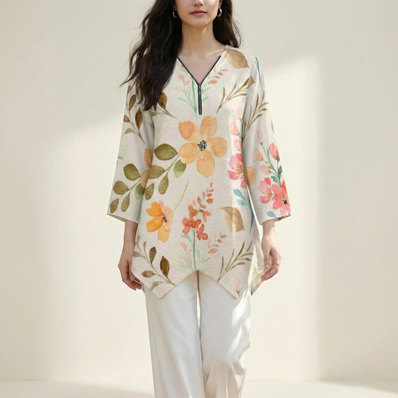 Soft Floral Zipper V Neck Tunic, Watercolor Flower Print Top, Irregular Hem Women Tunic