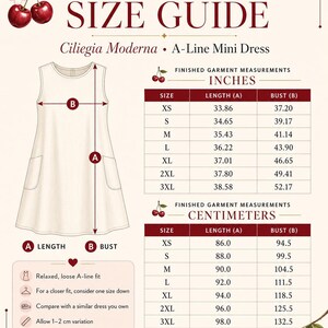 A white size chart for a "Ciliegia Moderna A-Line Mini Dress" with measurements in inches and centimeters for length and bust.