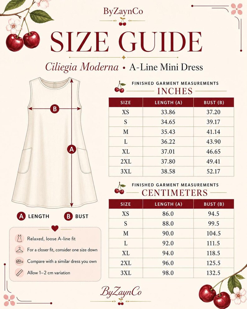 A white size chart for a "Ciliegia Moderna A-Line Mini Dress" with measurements in inches and centimeters for length and bust.