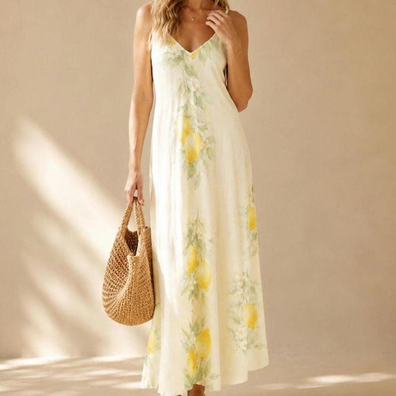 Watercolor Lemon Maxi Dress, Amalfi Coast Spaghetti Strap Sundress