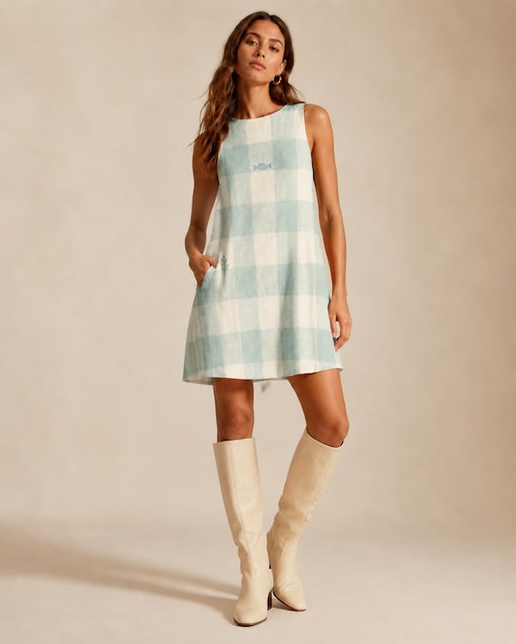 Gingham Mini Dress With Pockets, Beige Coastal Sundress, Scandinavian Resort Vacation Dress
