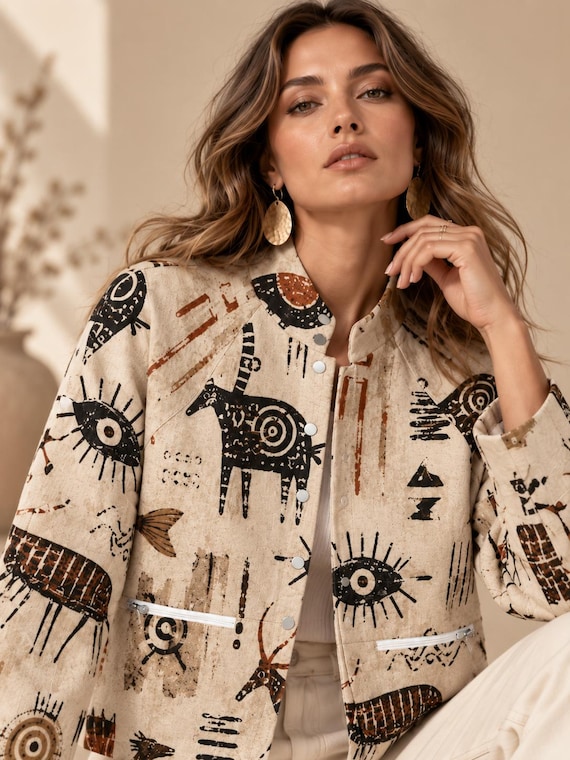 Folk Art Fleece Jacket for Women, Abstract Symbol Print Shacket, Earth Tone Statement Outerwear