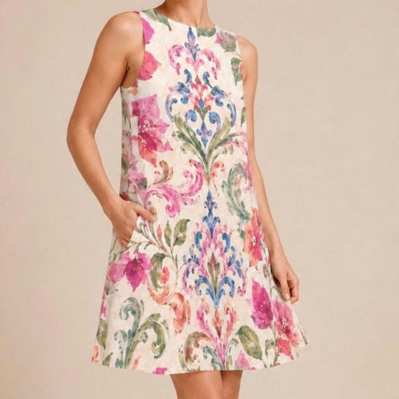 Pink Floral Cottagecore Dress, Romantic Garden Party A-Line, Sleeveless Pockets Summer