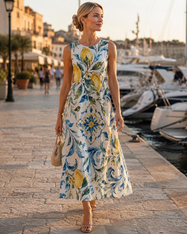 May include: A sleeveless midi dress featuring a white base with a vibrant print of yellow lemons, green leaves, and blue and yellow ornate scrollwork patterns. The dress has a round neckline and a straight, flowing silhouette that falls below the knee.