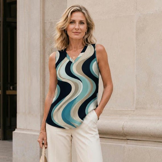 Retro 70s Coastal Wave Print V-Neck Sleeveless Top, Teal Beige Resort Wear