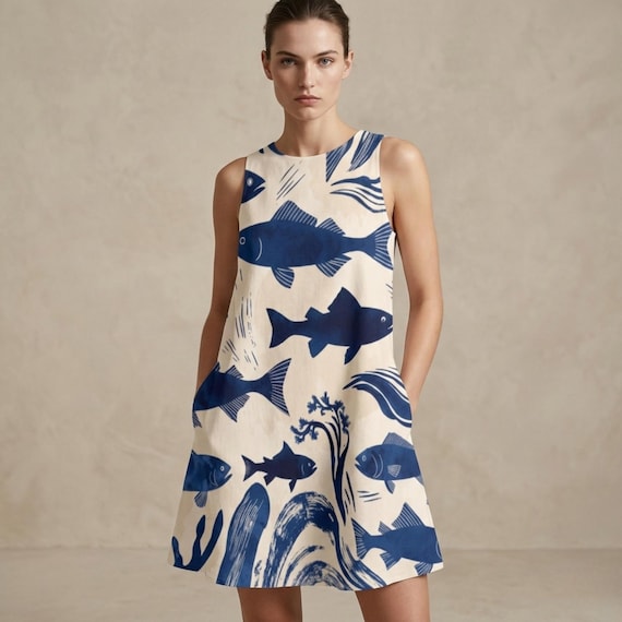 Indigo Fish Print A-Line Pocket Dress – Sleeveless Summer Beach Vacation