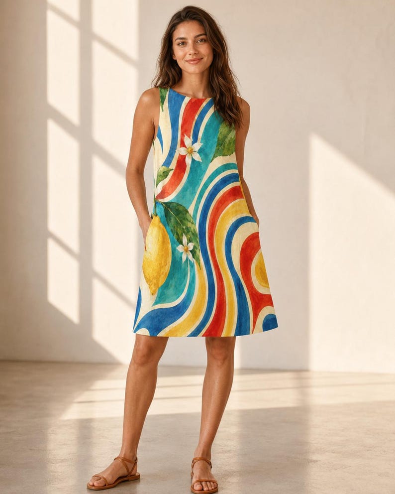 Lemon Wave A-Line Dress, Amalfi Vacation Outfit, Retro Resort Wear With Pockets image 17