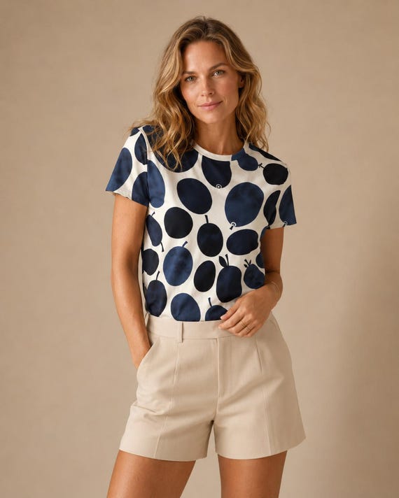 Abstract Navy Fruit Cotton T-Shirt, Mediterranean Resort Style Tee