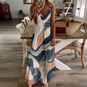 Seashell Print Maxi Dress, Cream Navy Spaghetti Strap Coastal Resort Wear 画像 8