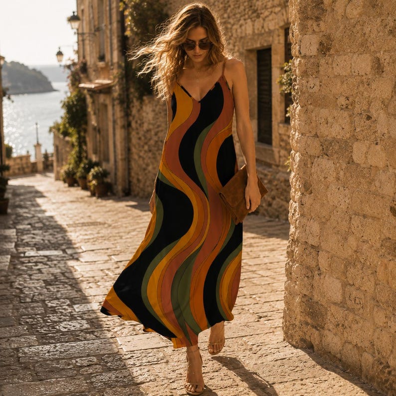 May include: A floor-length maxi dress featuring a vibrant, wavy pattern in shades of black, mustard yellow, burnt orange, and olive green. The garment has thin spaghetti straps, a V-neckline, and a flowing silhouette that reaches the ankles.