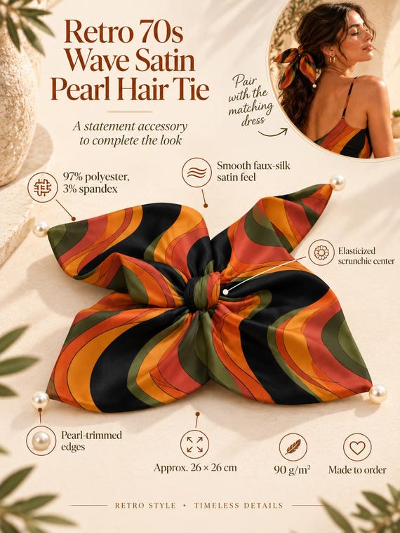 Bow Scrunchie, Orange Olive Wave, 70s Satin Hair Scarf, Retro Resort Accessory