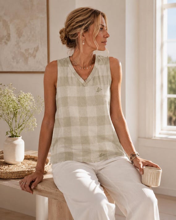 Neutral Gingham Sleeveless V-Neck Top, Ribbed Stretch Fabric, Minimalist Coastal Style