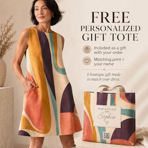 May include: A sleeveless dress featuring a multi-coloured abstract pattern in shades of orange, teal, and dark purple on a cream background. Beside it, a matching tote bag displays the text "MADE WITH LOVE FOR Sophia" and a QR code.
