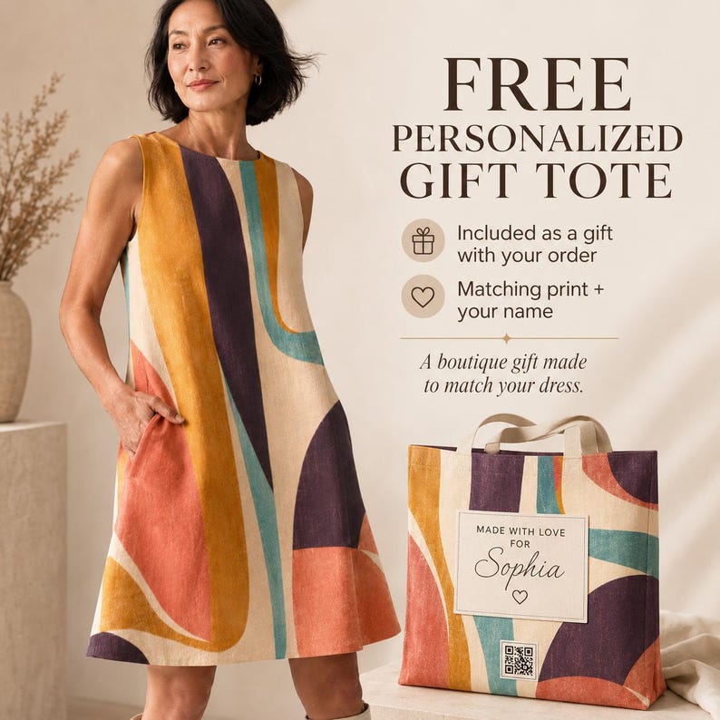 May include: A sleeveless dress featuring a multi-coloured abstract pattern in shades of orange, teal, and dark purple on a cream background. Beside it, a matching tote bag displays the text "MADE WITH LOVE FOR Sophia" and a QR code.