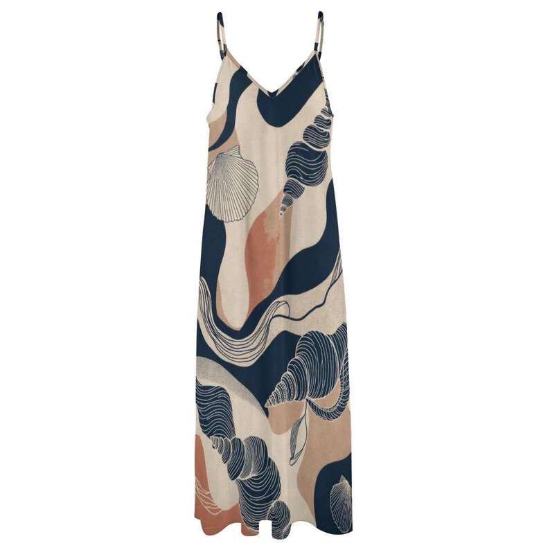 Seashell Print Maxi Dress, Cream Navy Spaghetti Strap Coastal Resort Wear 画像 10