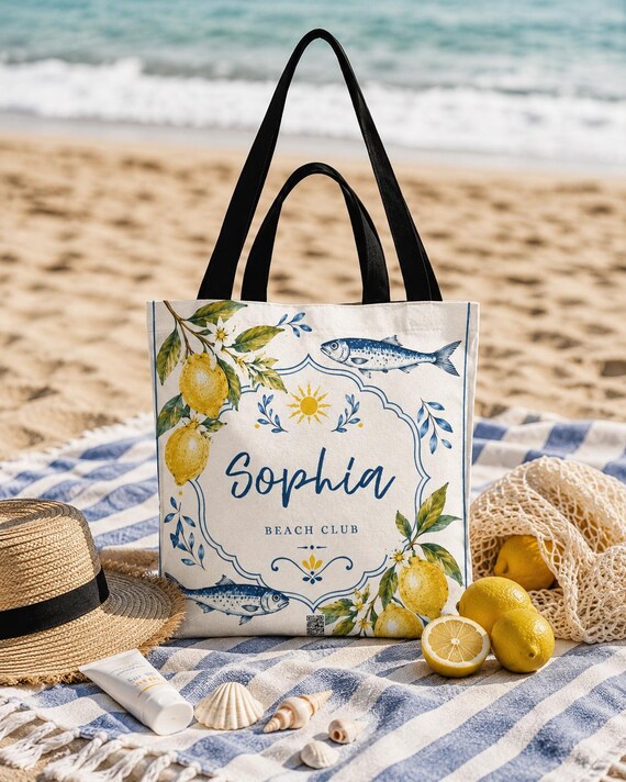 Personalized Lemon Fish Beach Tote Bag, Mediterranean Coastal Canvas Market Bag