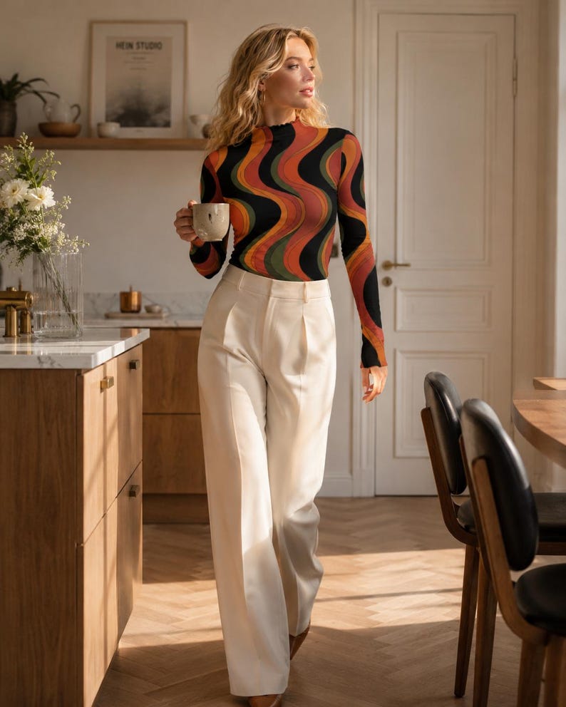 May include: A long-sleeve mock neck top featuring a wavy, multi-colored pattern in shades of orange, green, and black, paired with high-waisted, wide-leg cream trousers that feature a pleated front and a clean, tailored silhouette.