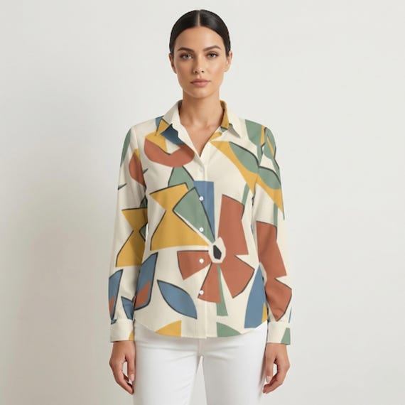 Abstract Geometric Button Down Blouse, Long Sleeve Office Casual Blouse, Modern Women Shirt