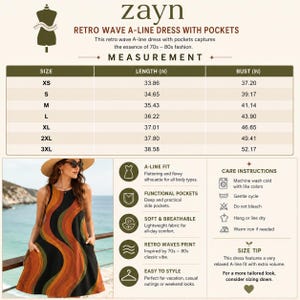 Size chart and measurement guide for the Retro Wave A-line Dress with Pockets, including length and bust measurements from XS to 3XL.
