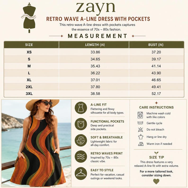 Size chart and measurement guide for the Retro Wave A-line Dress with Pockets, including length and bust measurements from XS to 3XL.