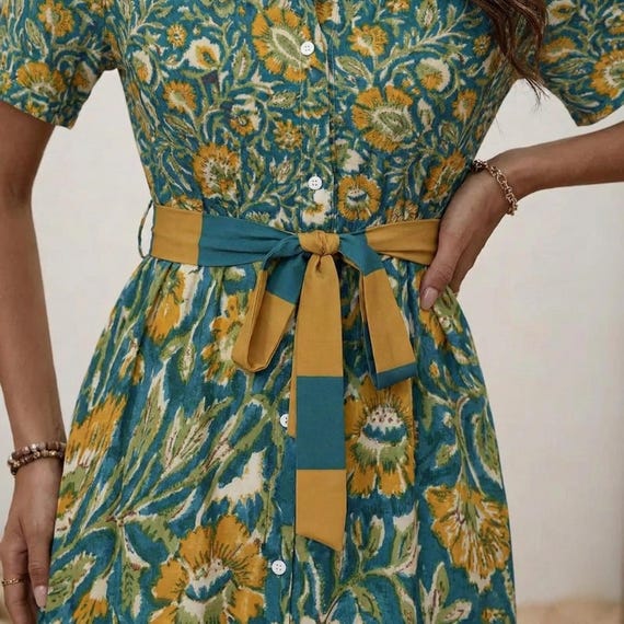 Boho Floral Midi Dress, Vintage Button-Down Summer Outfit