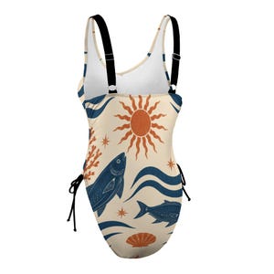 Mediterranean Fish One Piece Swimsuit, Nautical Coastal Beachwear, Seashell Sun Bathing Suit image 3