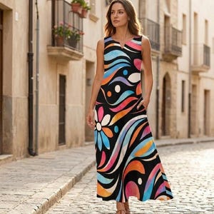 May include: A sleeveless, floor-length dress with a black background and a vibrant, colorful abstract floral design. The dress features a V-neck and pockets. The design includes swirls of blue, orange, pink, and white.