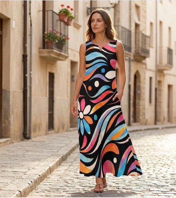 Colorful Artistic Maxi Dress for Women – Loose Sleeveless Vacation Dress with Pockets