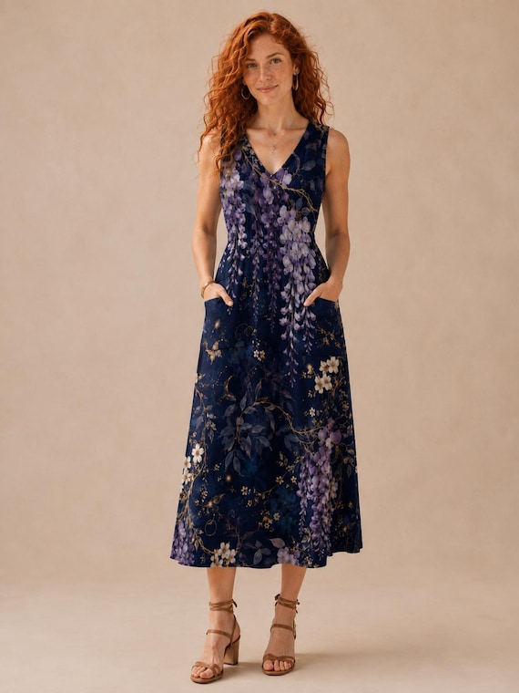 Dark Navy Wisteria Floral Maxi Dress with Pockets, Sleeveless V-Neck Celestial Sundress