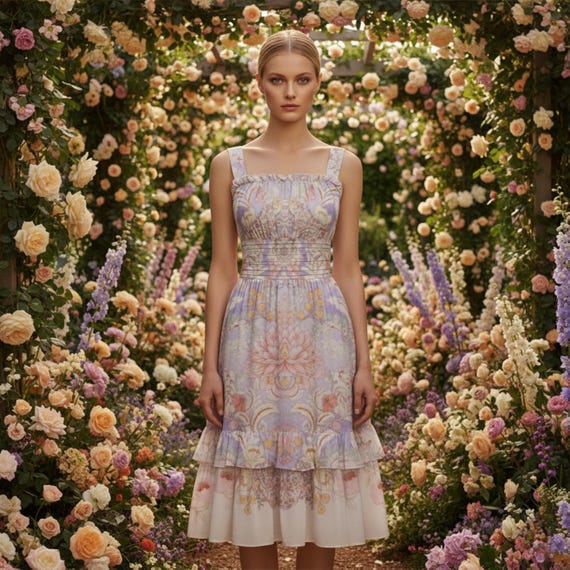 Pastel Baroque Floral Midi Dress for Spring Garden Parties and Summer Events