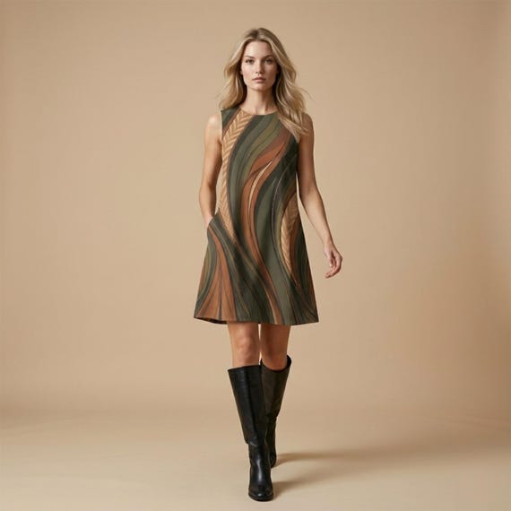 Retro A-Line Midi Dress, Earth Tone Wave Pattern, Pockets, Vintage Inspired Silhouette