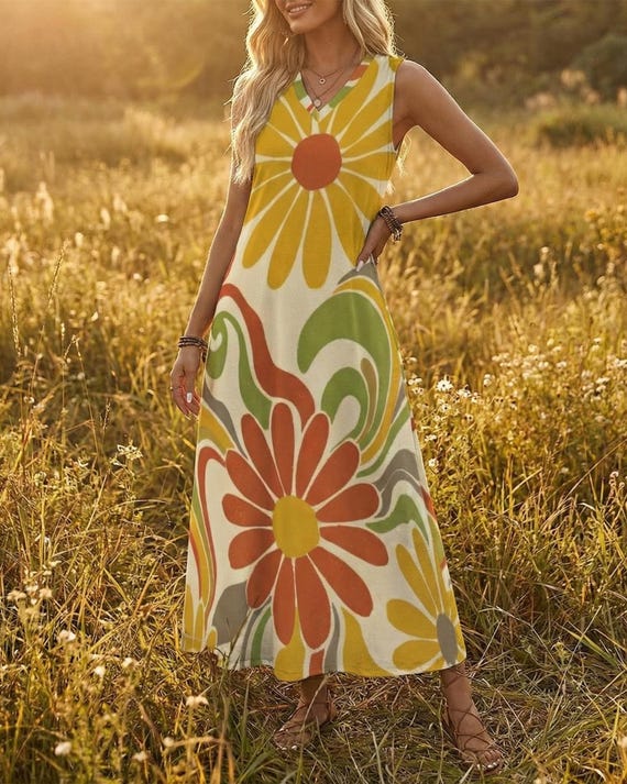 Retro Floral Maxi Dress, Boho Sleeveless Summer Style