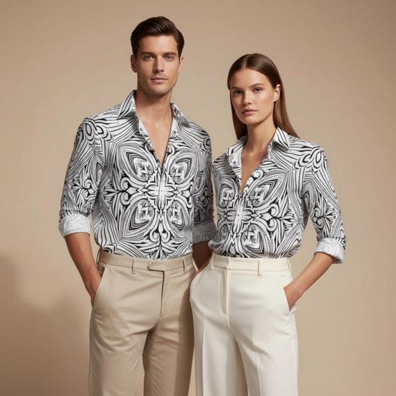 Unisex Geometric Shirt: Luxury Velvet-Feel, Black & White Baroque
