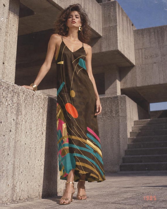 80s Inspired Spaghetti Strap Maxi Dress, Abstract Color Block Print, Avant Garde Resort Wear