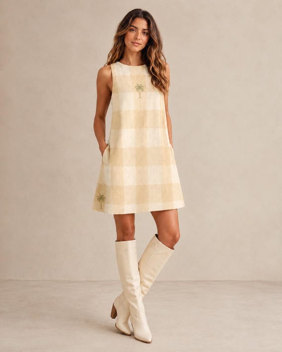 Gingham Mini Dress With Pockets, Scandinavian Resort, Relaxed A-Line Summer Vacation Dress