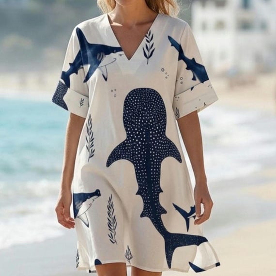 Whale Shark Print Tunic Dress – Ocean Inspired V-Neck Summer Beachwear