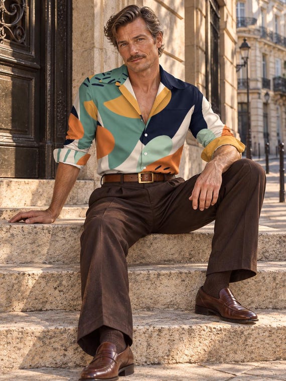 Men’s Retro Abstract Shirt – Multicolor Geometric Print Button-Up