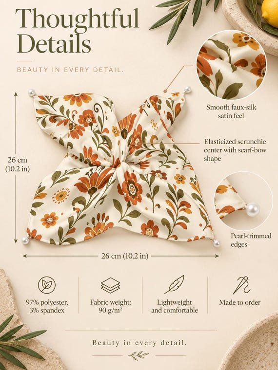 Retro Folk Floral Bow Scrunchie, 70s Satin Hair Scarf, Boho Accessory