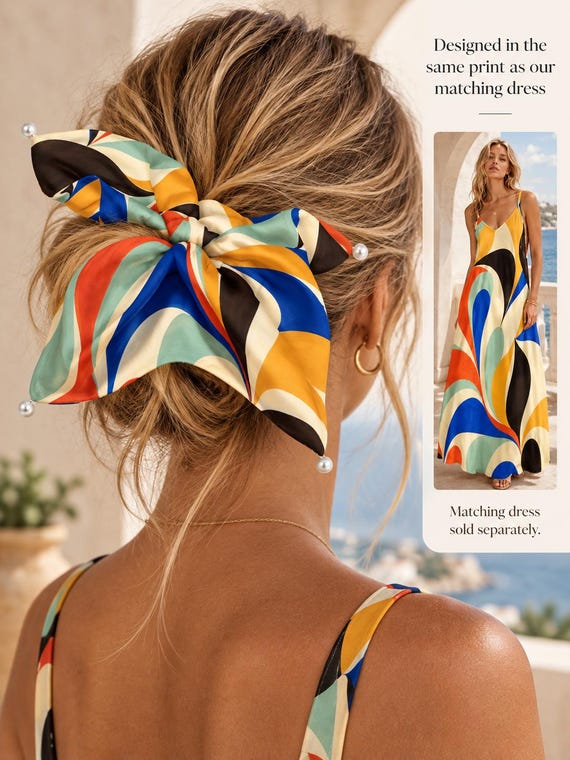 Retro Color Block Bow Scrunchie, Satin Scarf Hair Tie, 70s Geometric Accessory